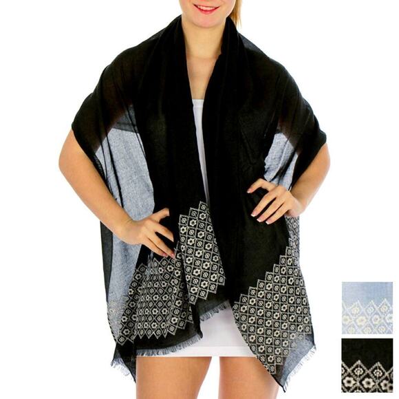 NWT Fashion Lightweight Semi Sheer Floral Embroidered Scarf Shawl Cover-Up - Picture 1 of 8